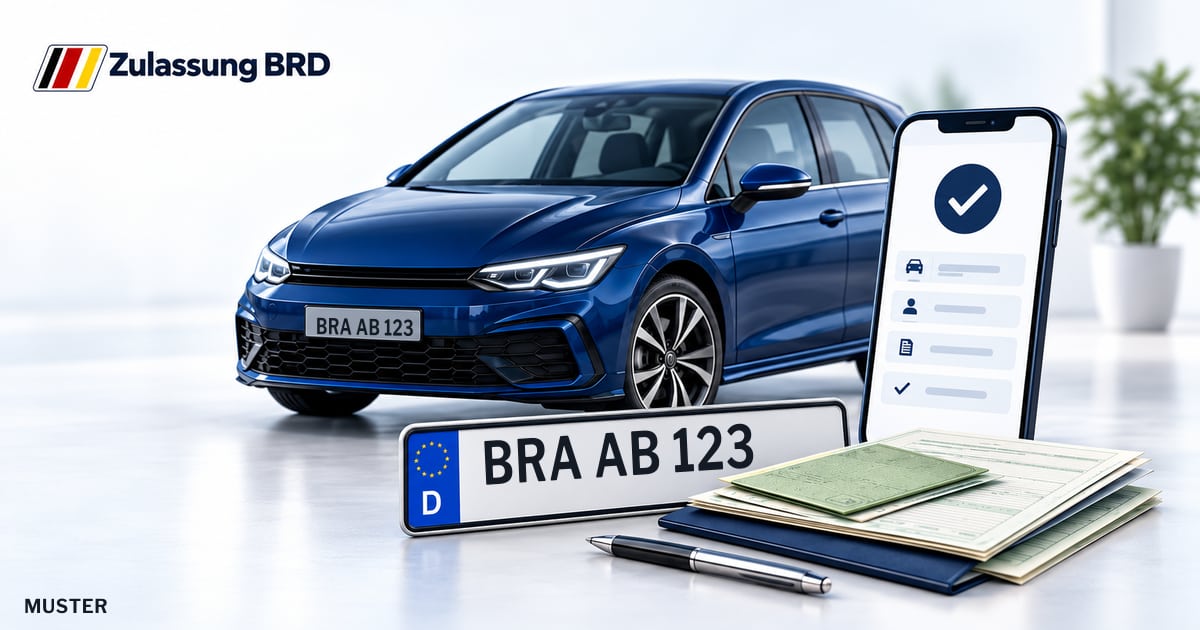 Online Fahrzeugzulassung in Nordenham: Musterkennzeichen BRA AB 123, Auto und Fahrzeugpapiere und Smartphone. Illustration mit Logo von Zulassung BRD.